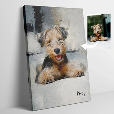 Canvas abstract digital painting of a happy, brown and black terrier dog with textured fur, eyes closed, mouth open, leaning against a gray wall. Small inset photo of same dog. Dog's name "Kirby" at bottom right.