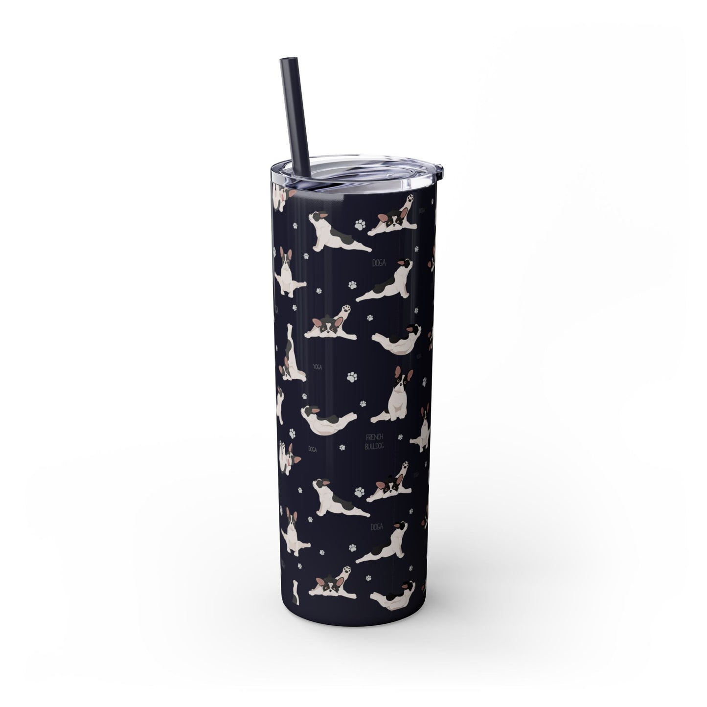 Doga French Bulldog Skinny Tumbler with Straw, 20oz (Black/Dark Blue)