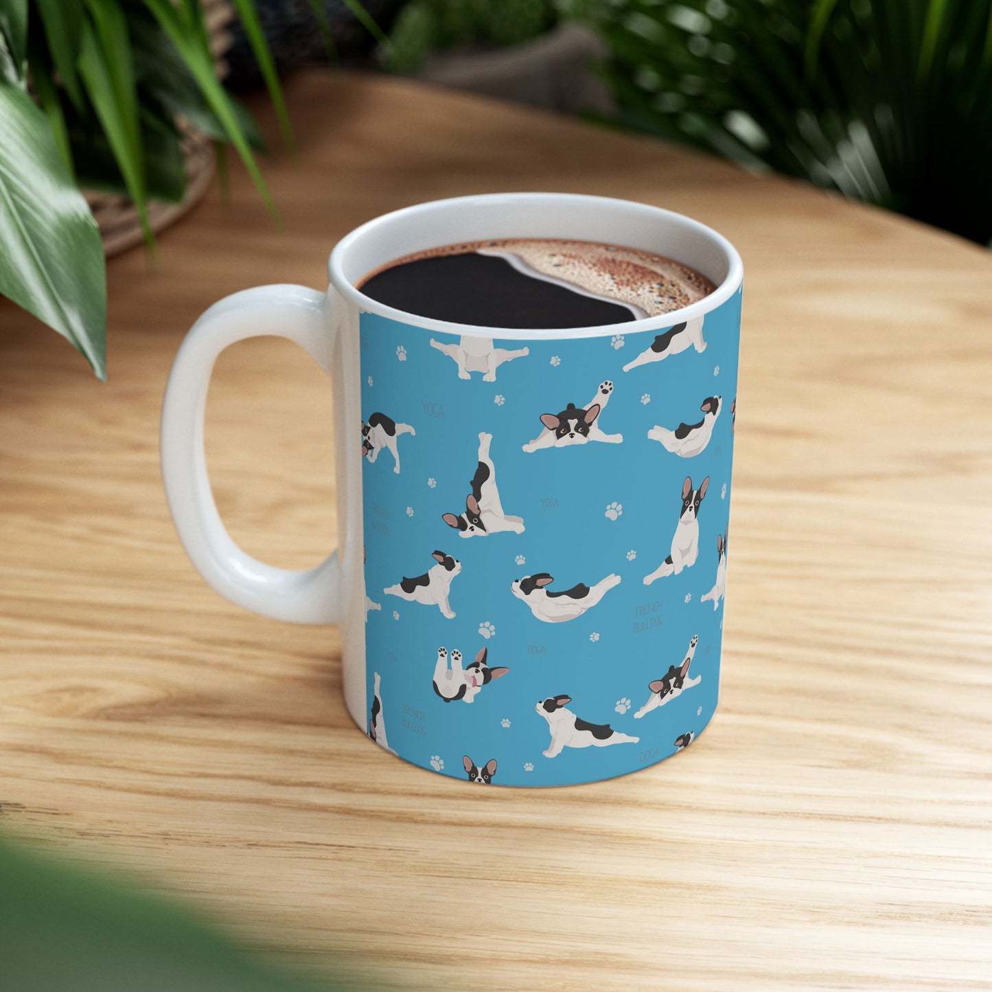 French Bulldog Yoga Ceramic Mug — Cute Blue Paw Print Coffee Cup (11oz/15oz)