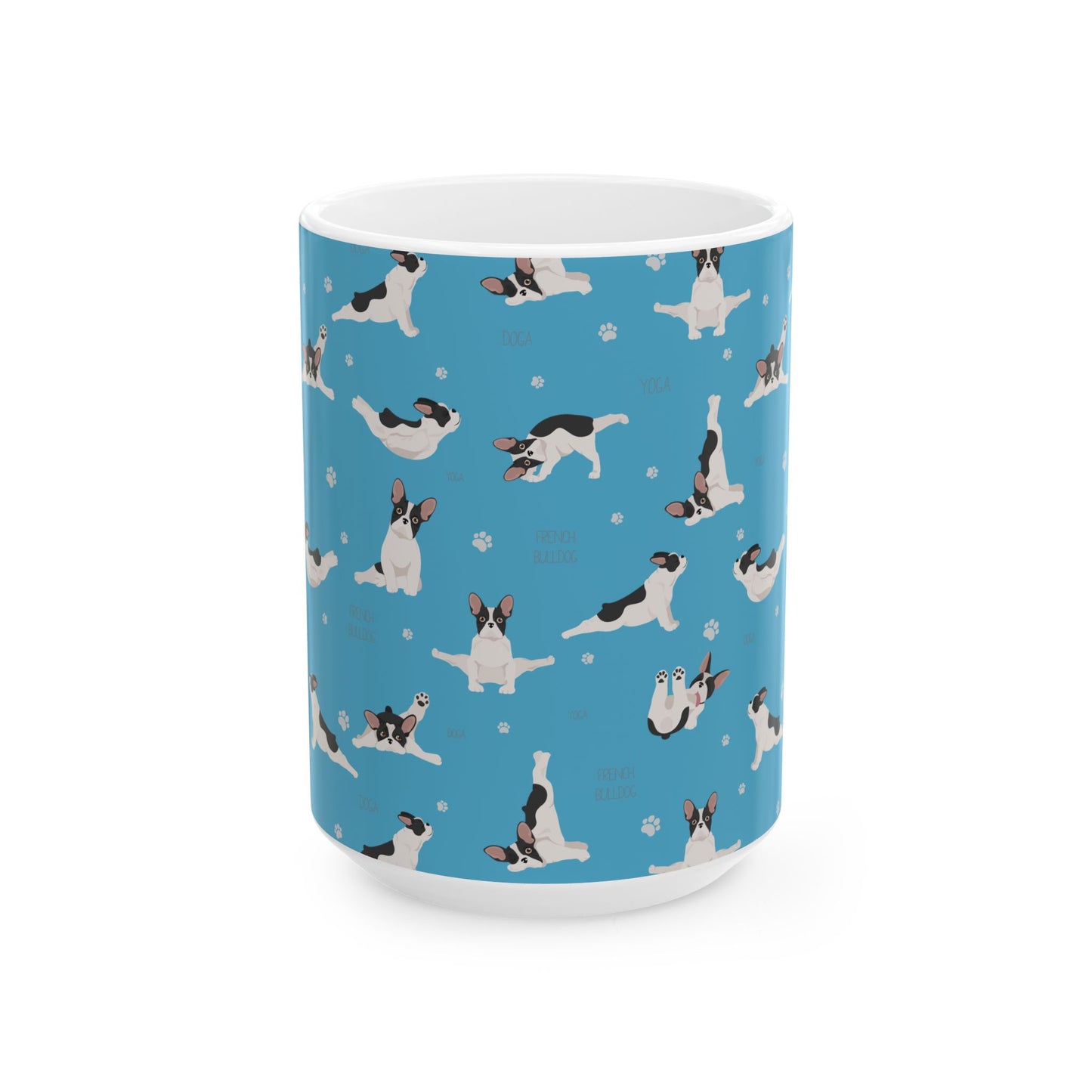 French Bulldog Yoga Ceramic Mug — Cute Blue Paw Print Coffee Cup (11oz/15oz)
