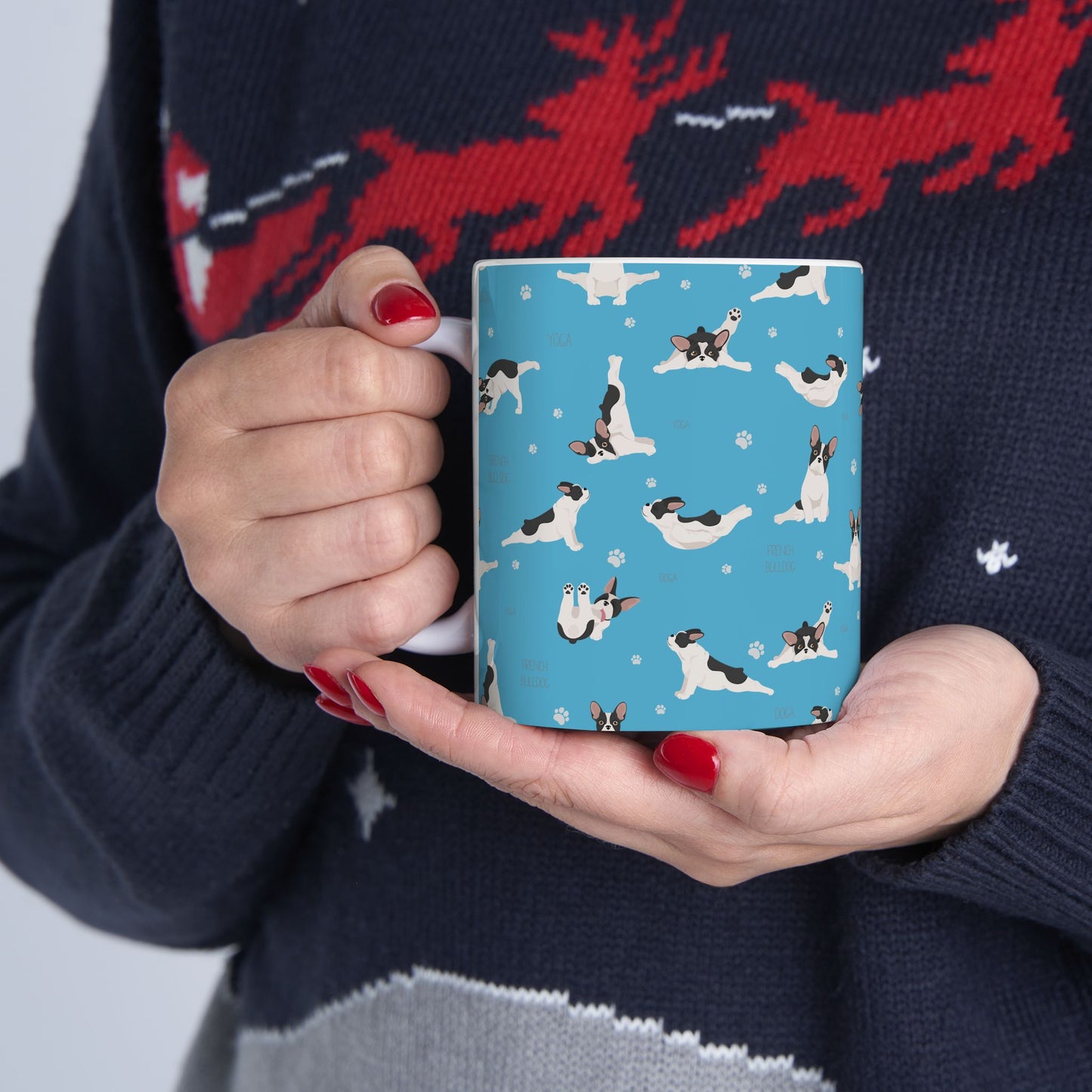French Bulldog Yoga Ceramic Mug — Cute Blue Paw Print Coffee Cup (11oz/15oz)