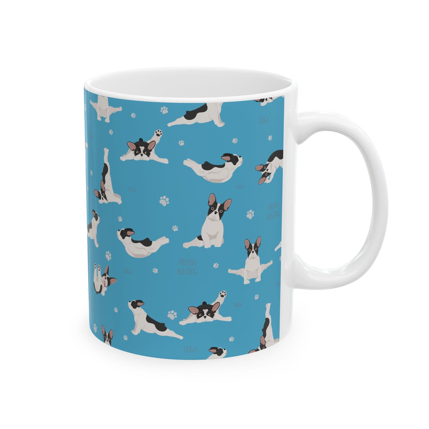 French Bulldog Yoga Ceramic Mug — Cute Blue Paw Print Coffee Cup (11oz/15oz)