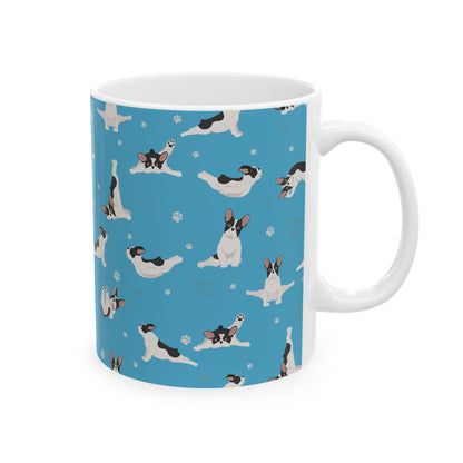 French Bulldog Yoga Ceramic Mug — Cute Blue Paw Print Coffee Cup (11oz/15oz)