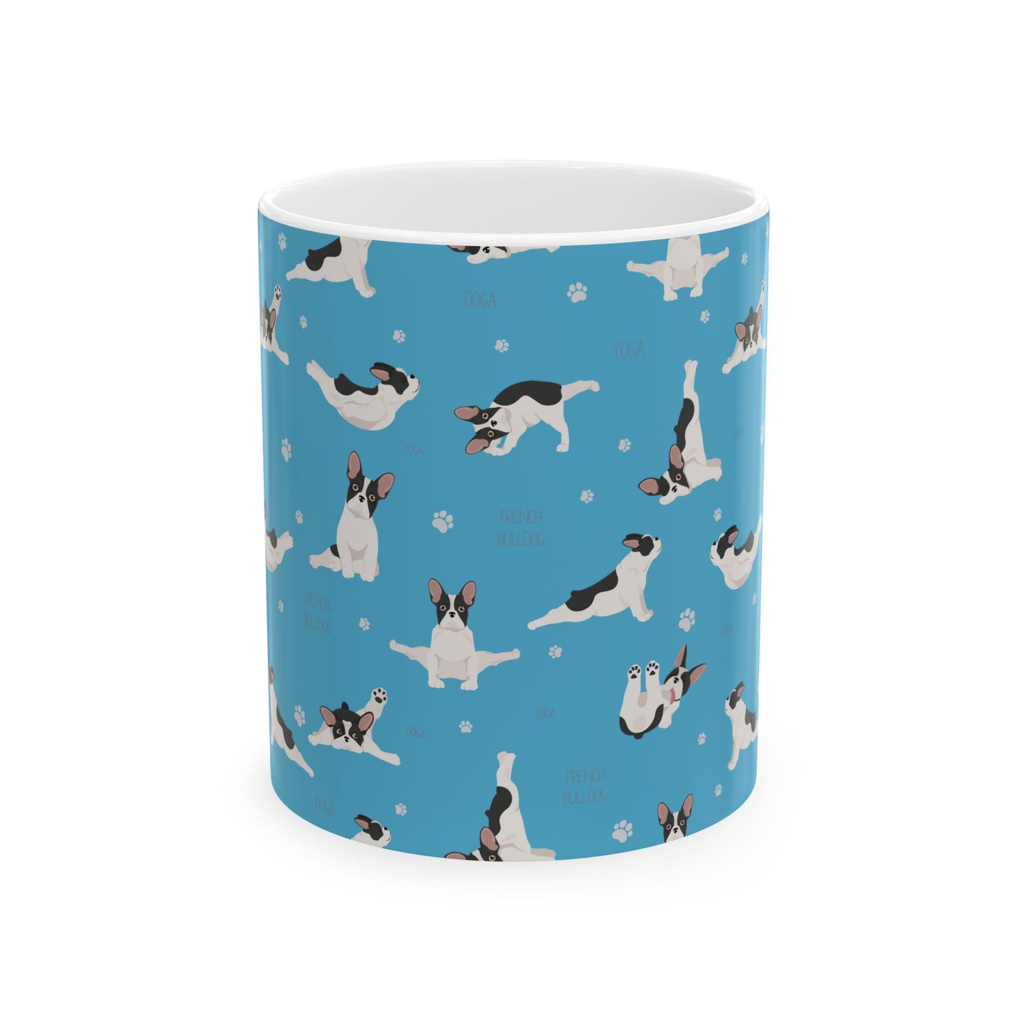 French Bulldog Yoga Ceramic Mug — Cute Blue Paw Print Coffee Cup (11oz/15oz)