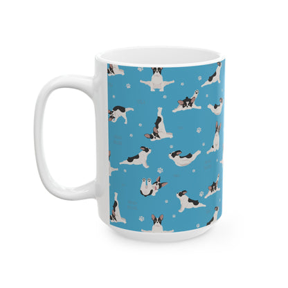 French Bulldog Yoga Ceramic Mug — Cute Blue Paw Print Coffee Cup (11oz/15oz)