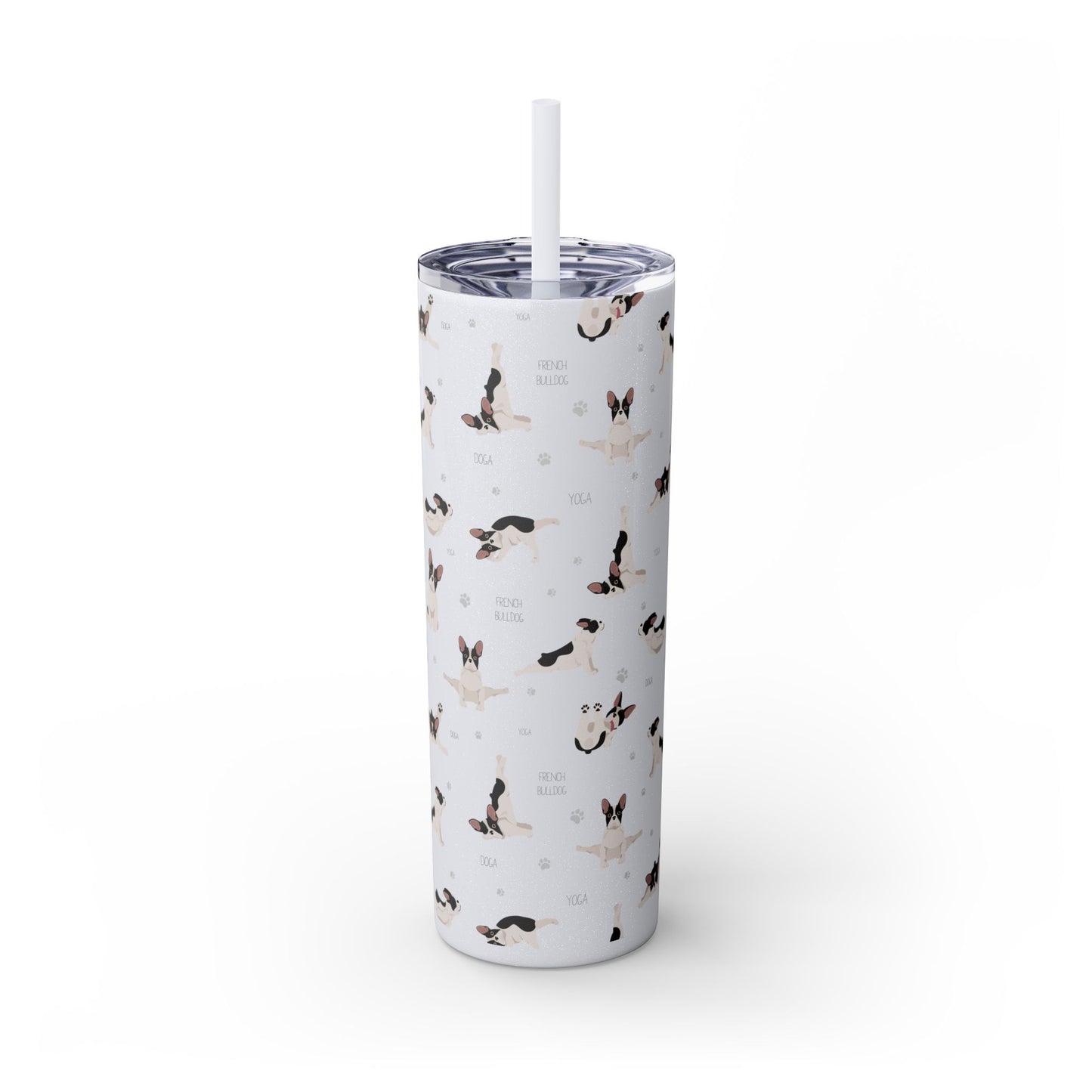 Doga French Bulldog Skinny Tumbler with Straw, 20oz (Black/Dark Blue)