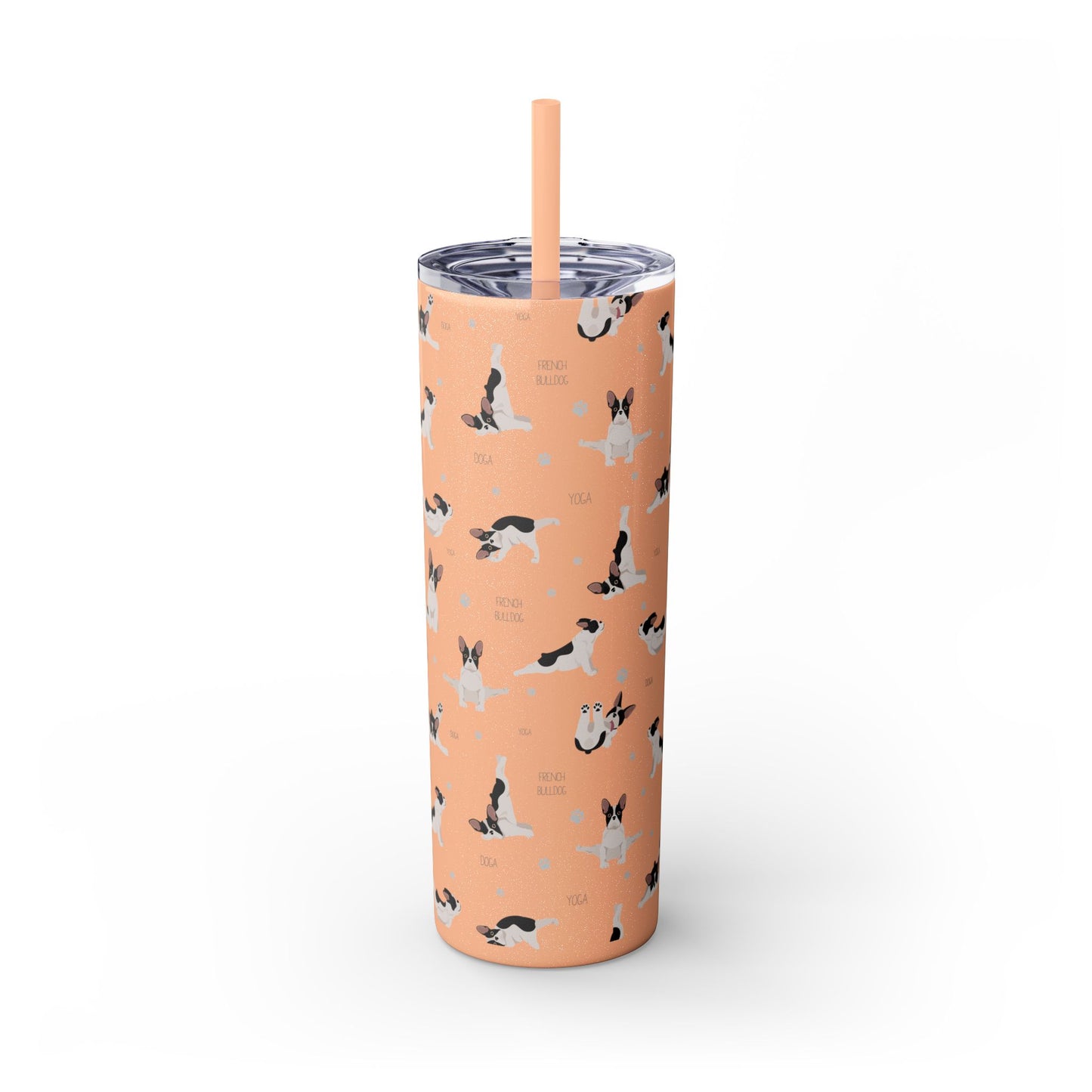 Doga French Bulldog Skinny Tumbler with Straw, 20oz (Black/Dark Blue)