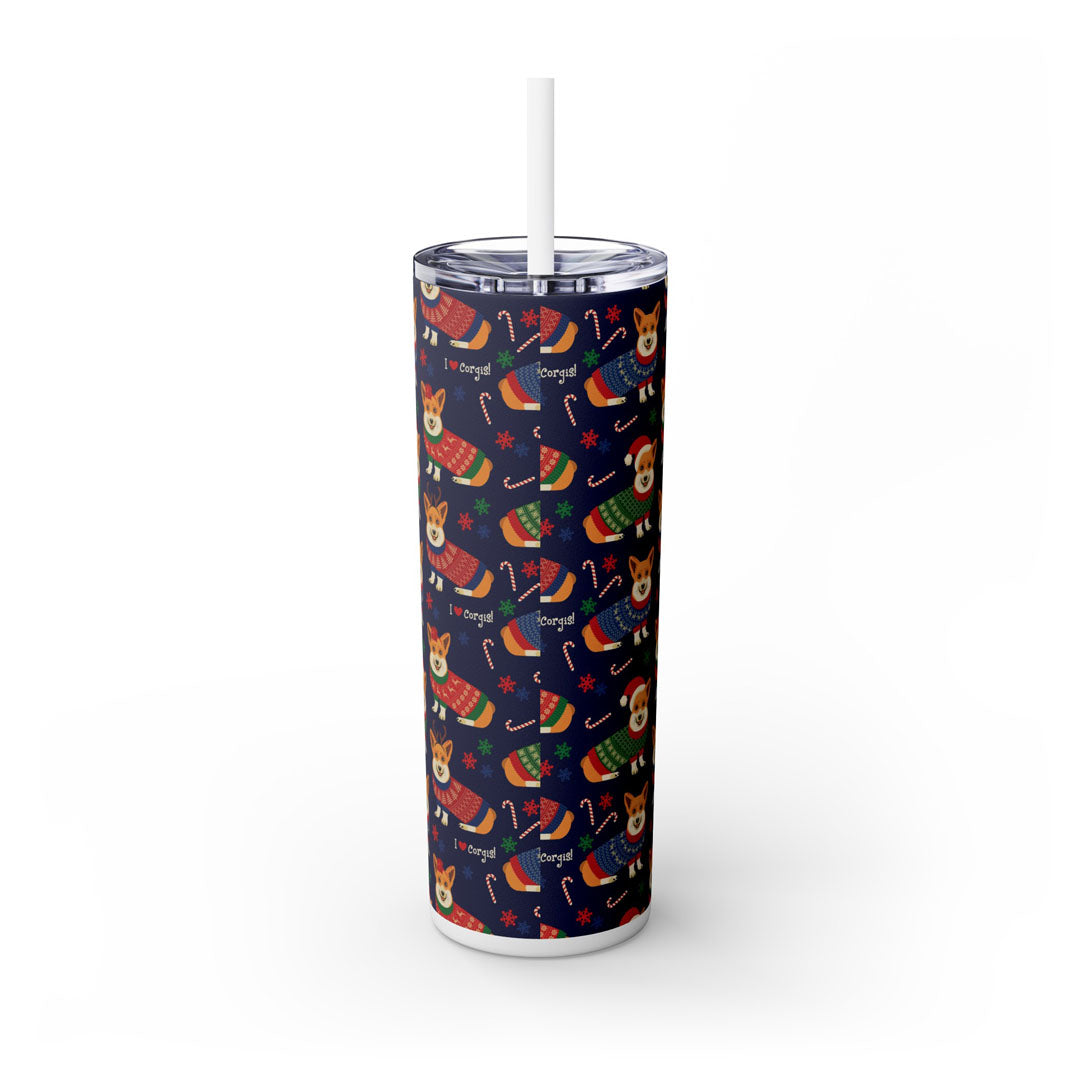 'I Love Corgi Christmas Sweater' Skinny Tumbler with Straw, 20oz