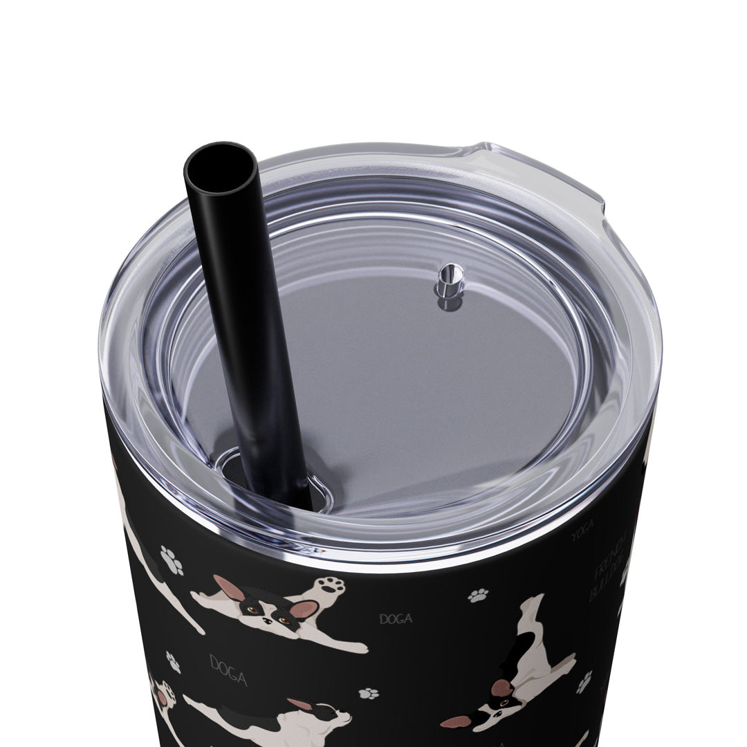 Doga French Bulldog Skinny Tumbler with Straw, 20oz (Black/Dark Blue)