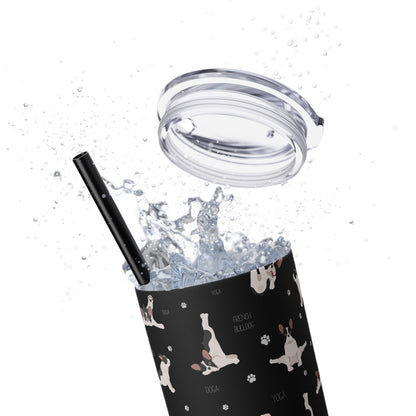 Doga French Bulldog Skinny Tumbler with Straw, 20oz (Black/Dark Blue)