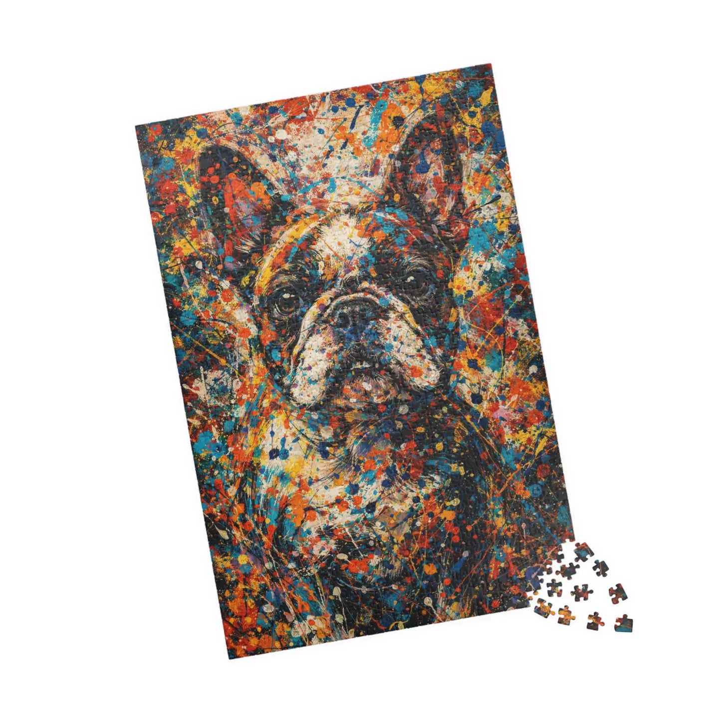 French Bulldog Pollock-inspired Art Puzzle — Vibrant Frenchie Paint Dog Jigsaw (110–1014 pcs)