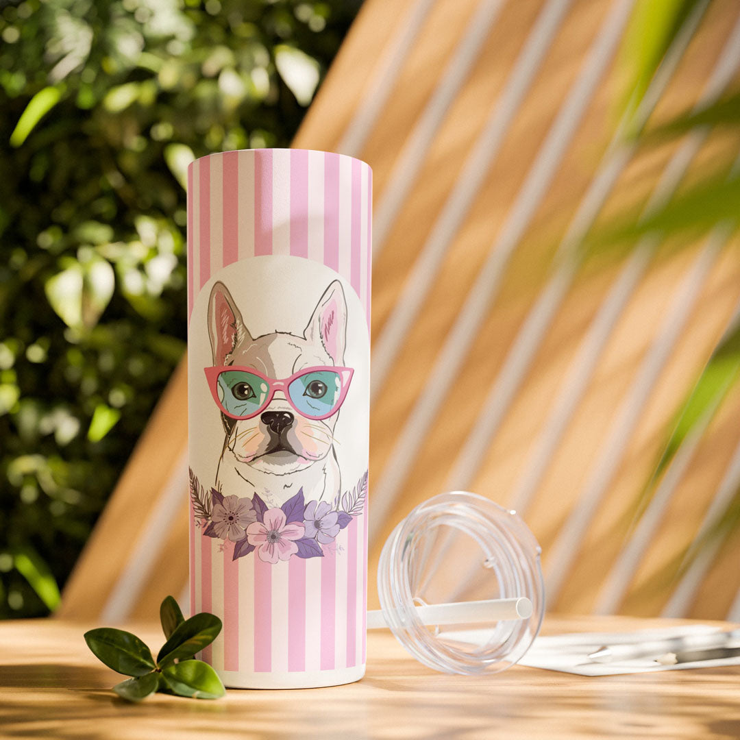 Cute Frenchie Skinny Tumbler with Straw, 20oz