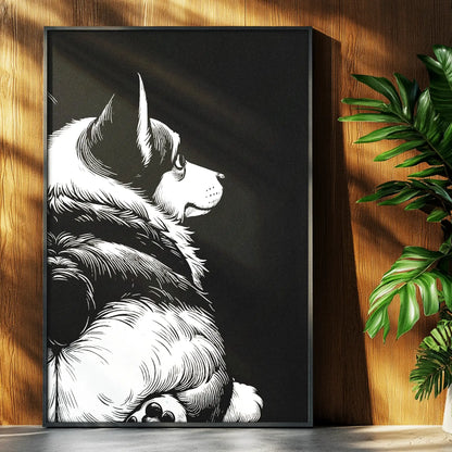 Framed black and white artwork of a corgi showing his butt on a wooden wall with a plant.