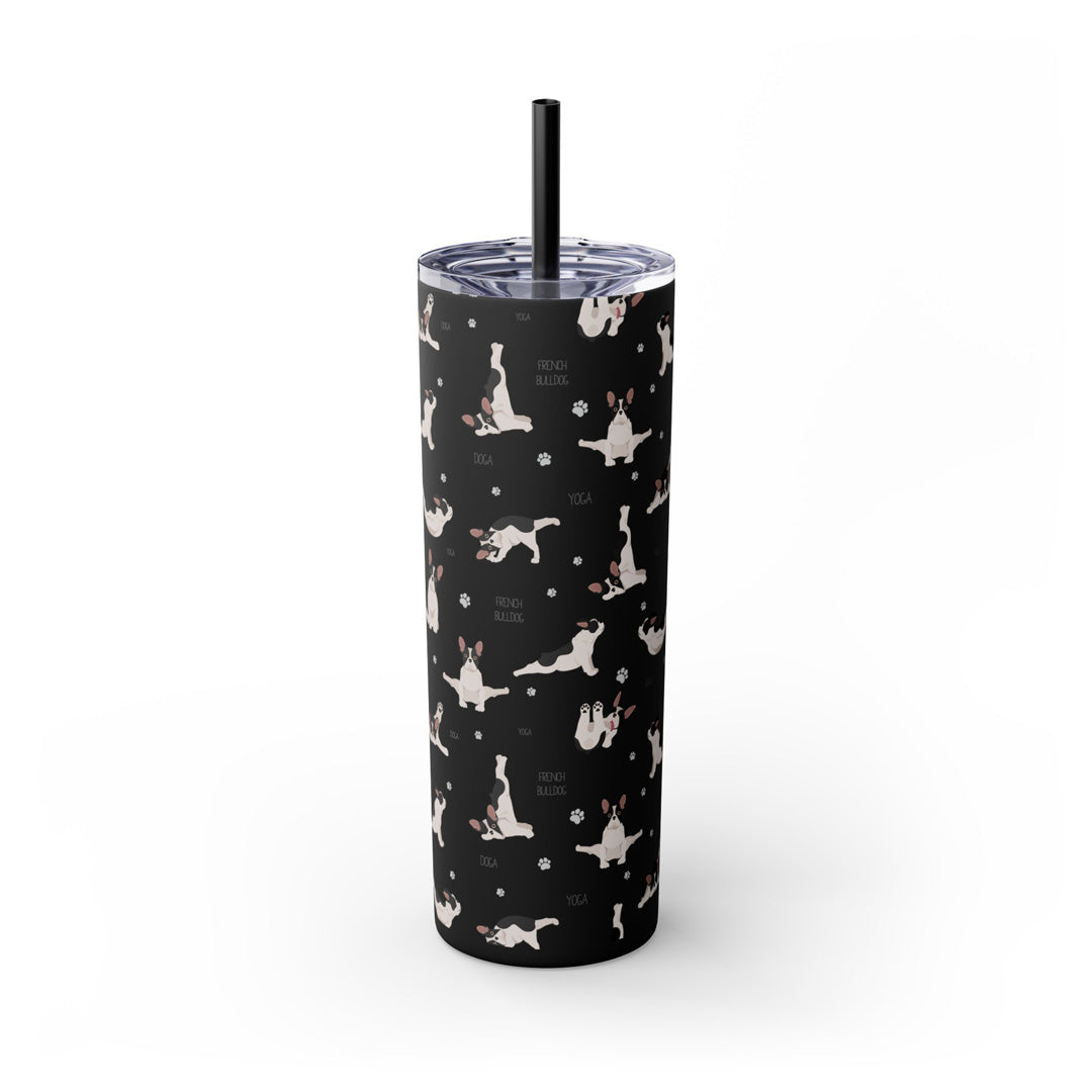 Doga French Bulldog Skinny Tumbler with Straw, 20oz (Black/Dark Blue)