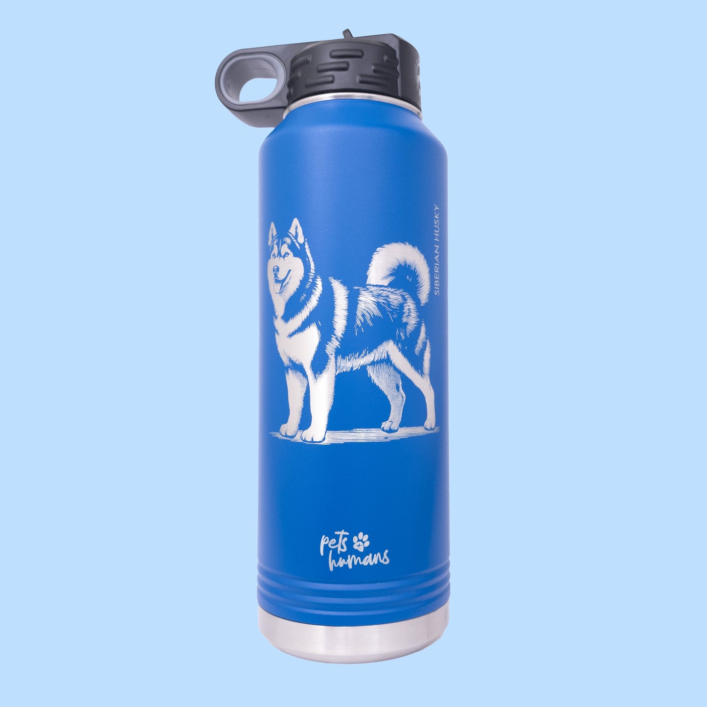 Siberian Husky Laser Engraved Water Bottle, Blue