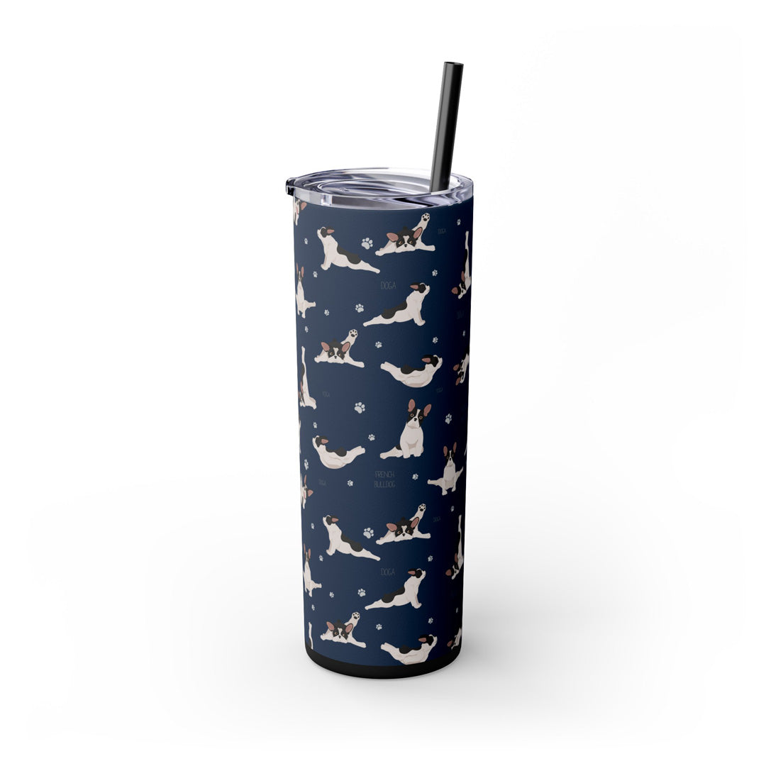 Doga French Bulldog Skinny Tumbler with Straw, 20oz (Black/Dark Blue)