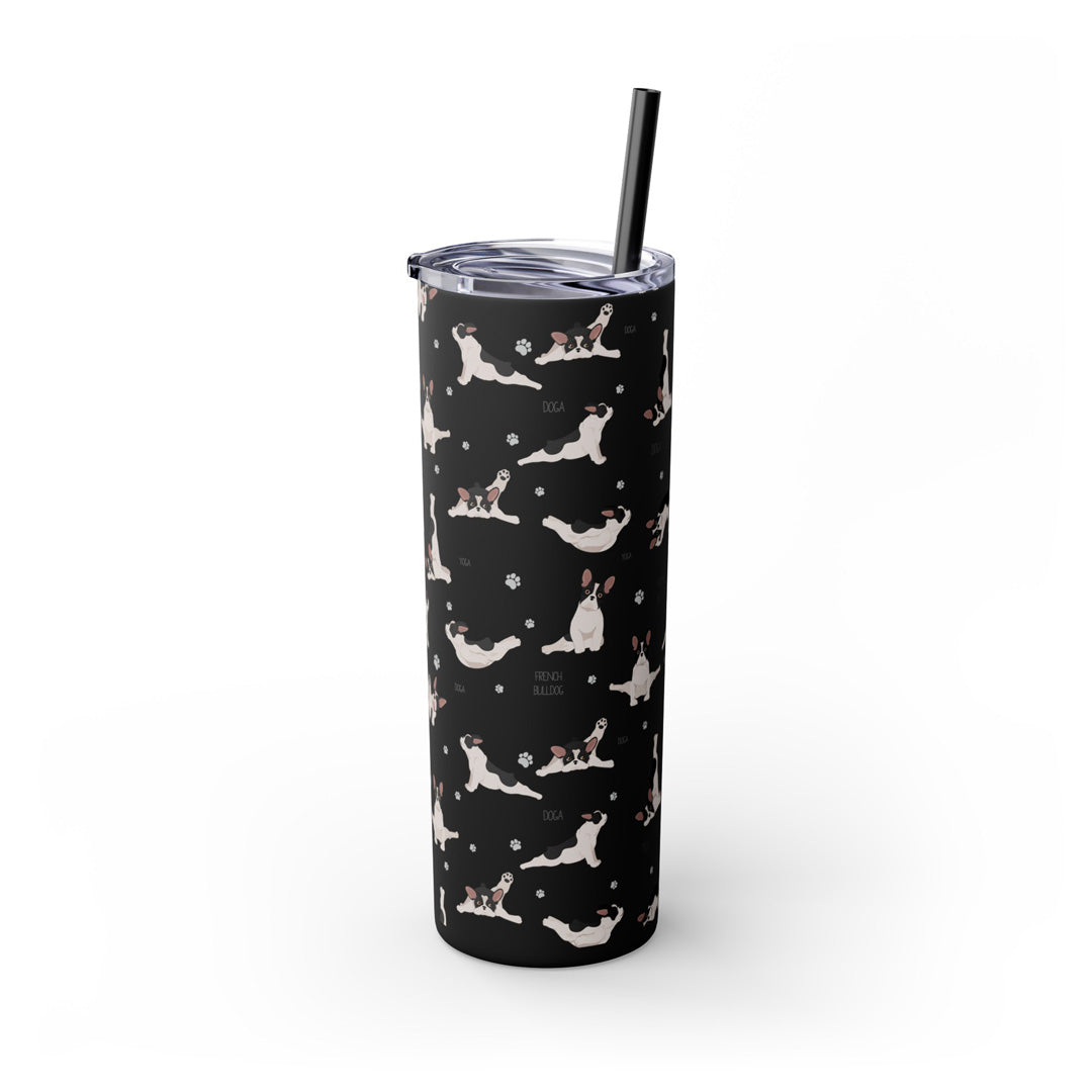 Doga French Bulldog Skinny Tumbler with Straw, 20oz (Black/Dark Blue)