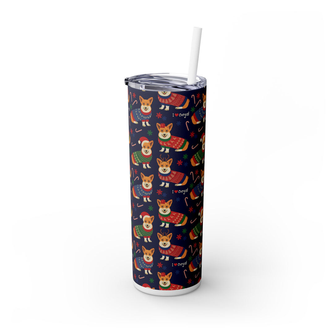 'I Love Corgi Christmas Sweater' Skinny Tumbler with Straw, 20oz