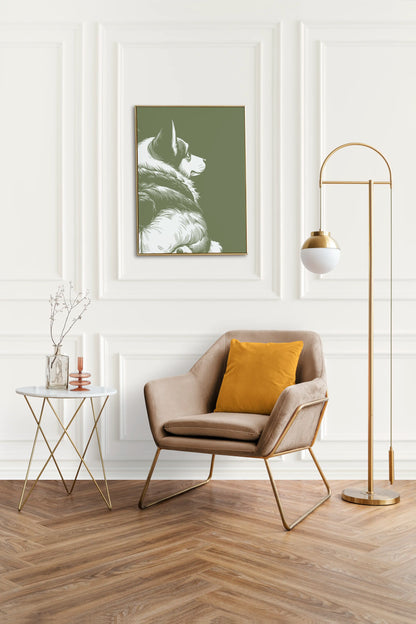 Modern interior with a chair, side table, and floor lamp against a white wall with a framed picture of a corgi showing his butt.