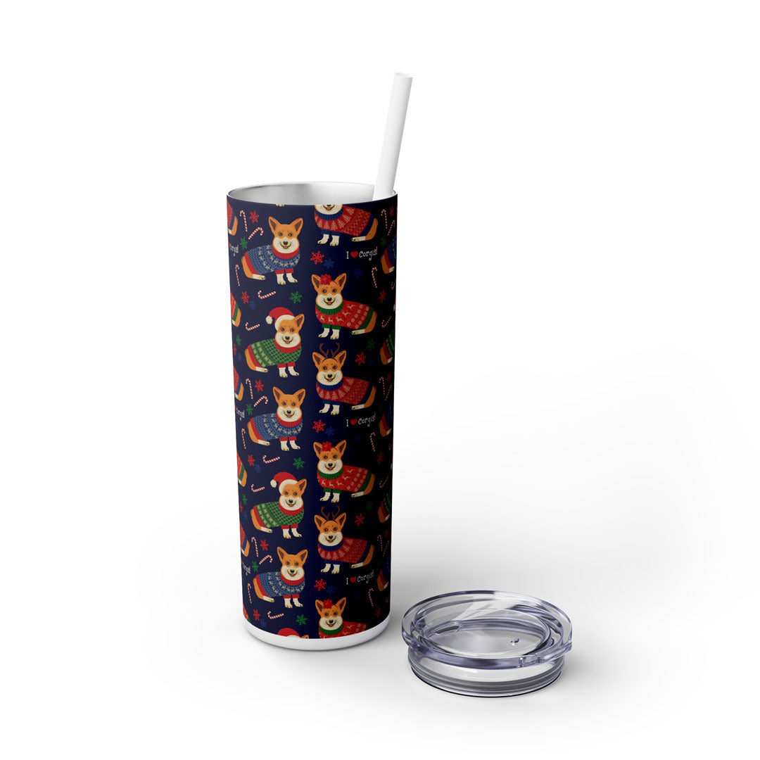 'I Love Corgi Christmas Sweater' Skinny Tumbler with Straw, 20oz