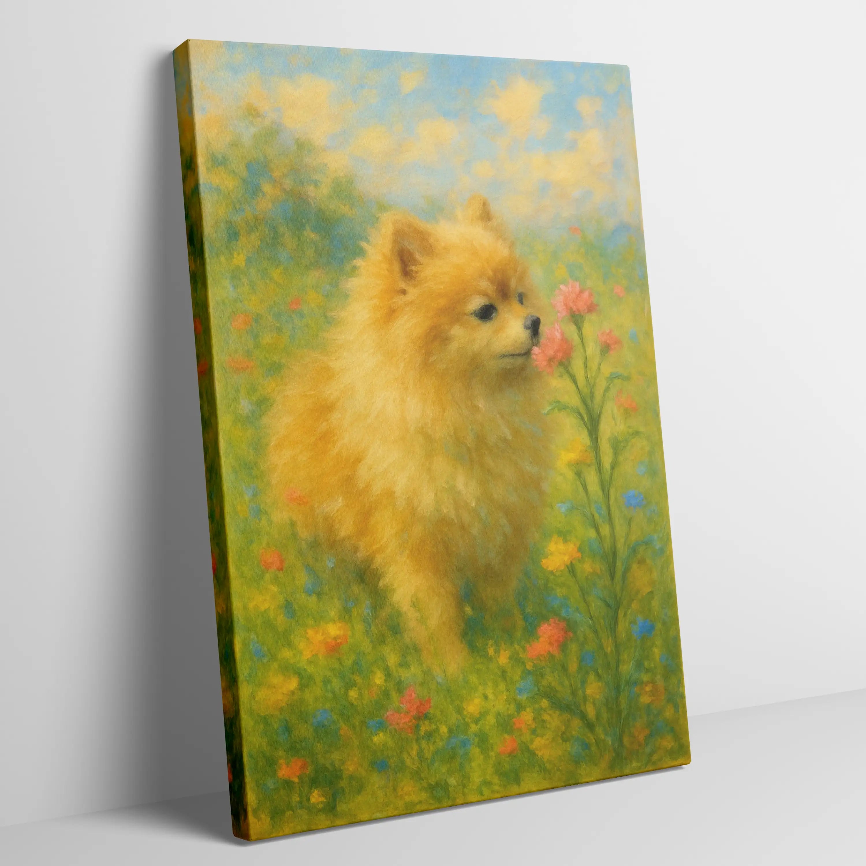 Pomeranian Impressionist Painting | Pomeranian sniffing a Flower
