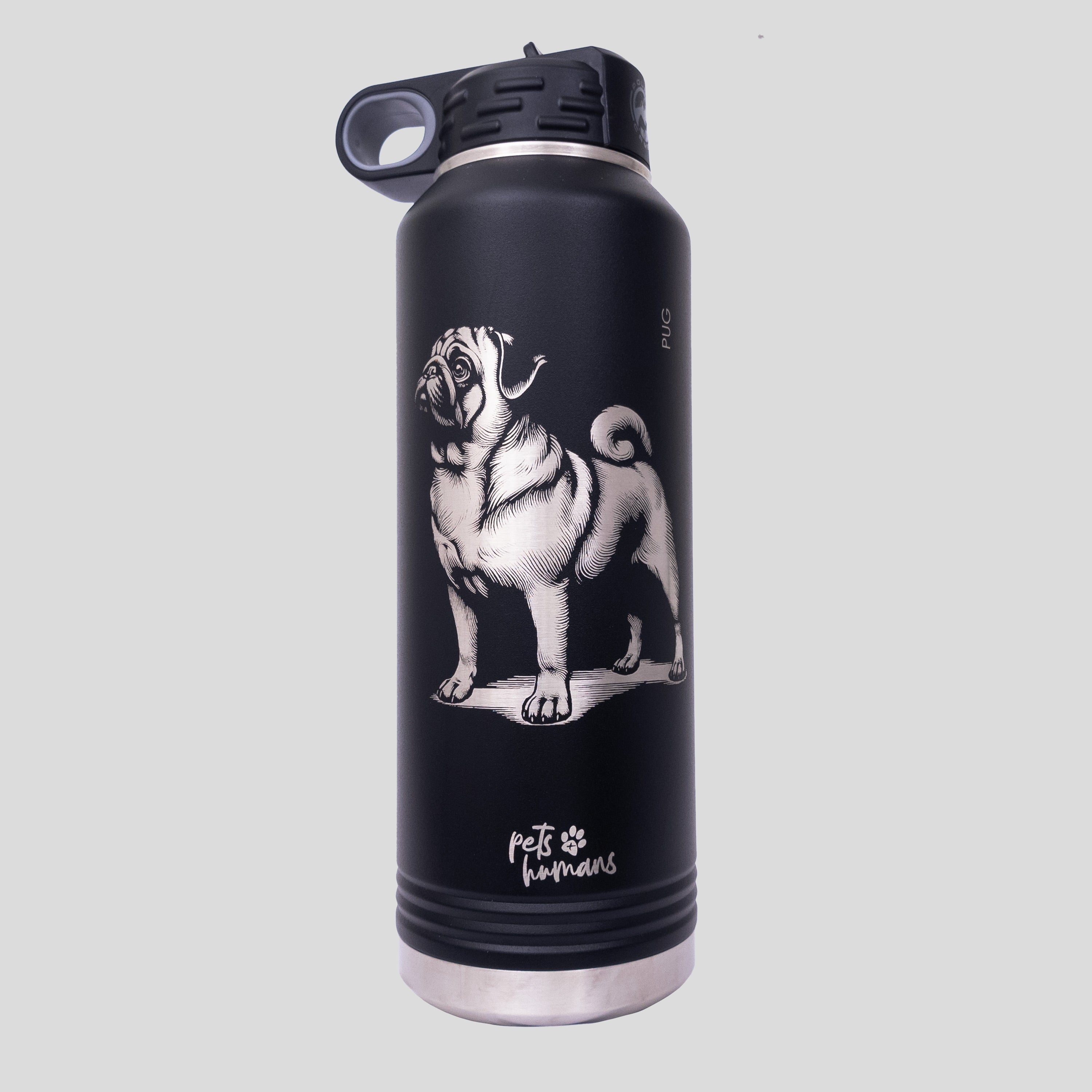 Pug Engraved Water Bottle, Black