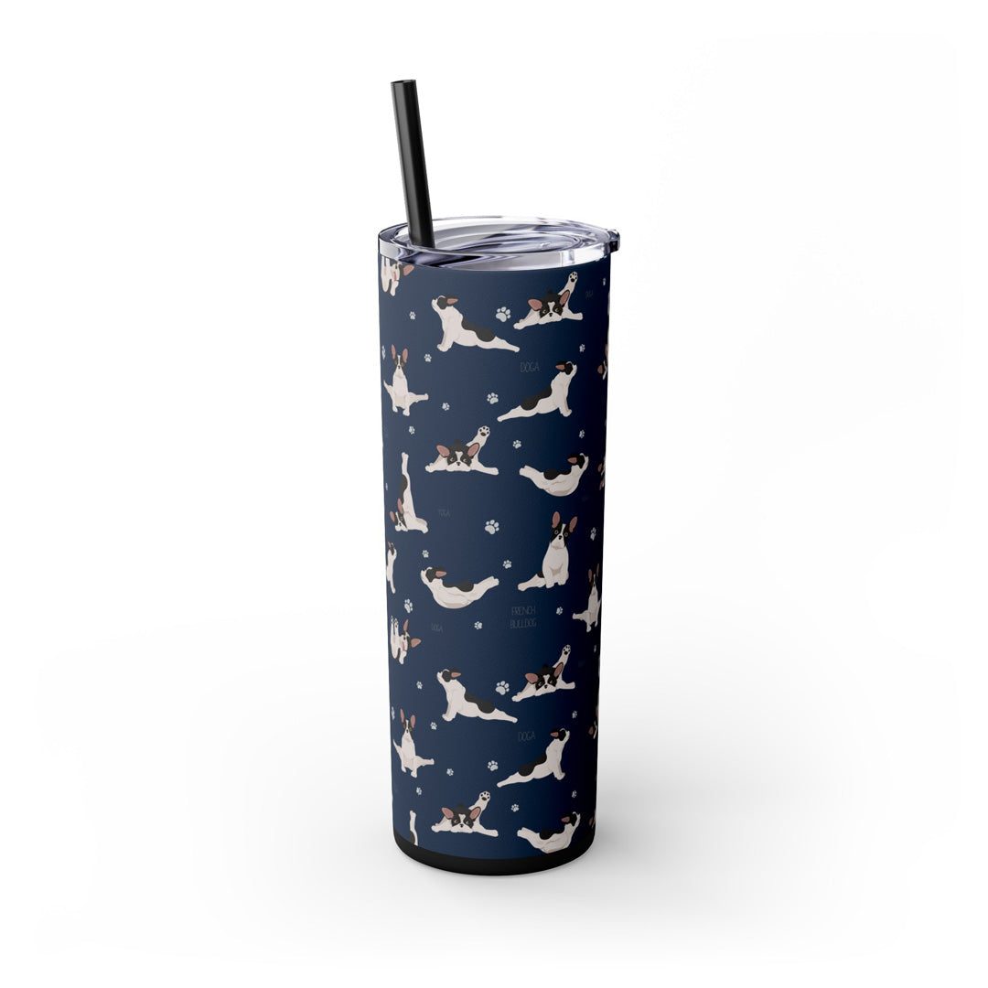 Doga French Bulldog Skinny Tumbler with Straw, 20oz (Black/Dark Blue)