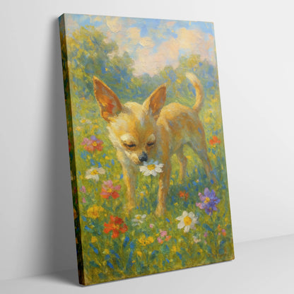 Chihuahua Impressionist Painting | Pomeranian sniffing a Flower