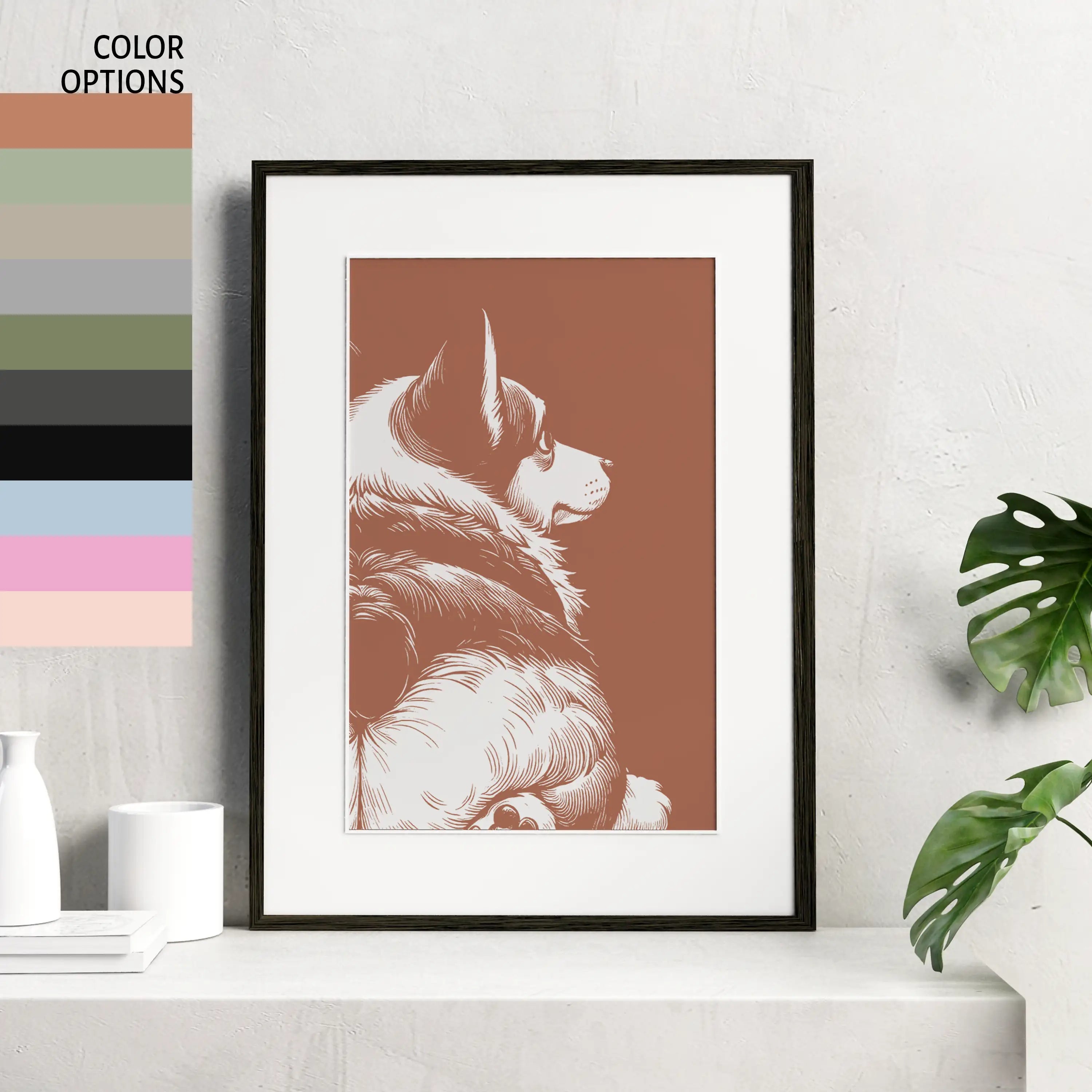 Framed artwork of a corgi showing his butt on a white wall with color options displayed.