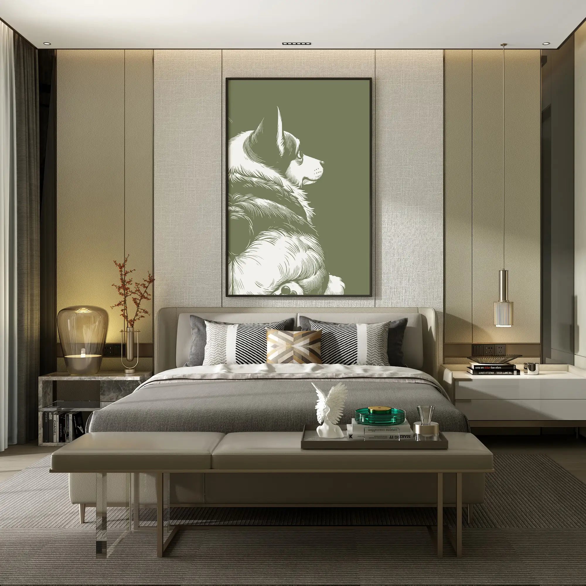 Modern bedroom with a large bed, bench, and wall art of a corgi showing his butt.