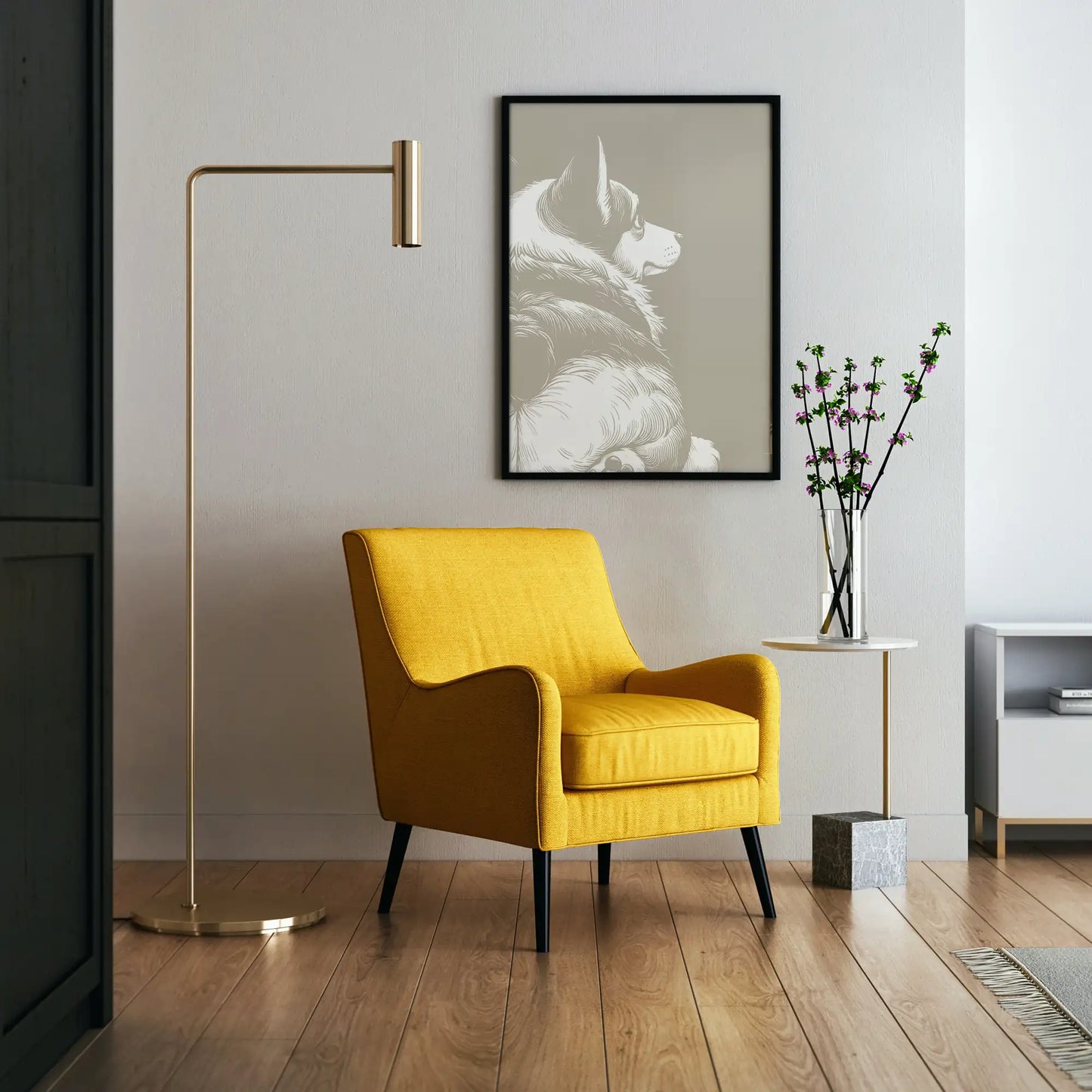 Yellow armchair in a modern living room with a framed picture of corgi showing his butt on the wall.