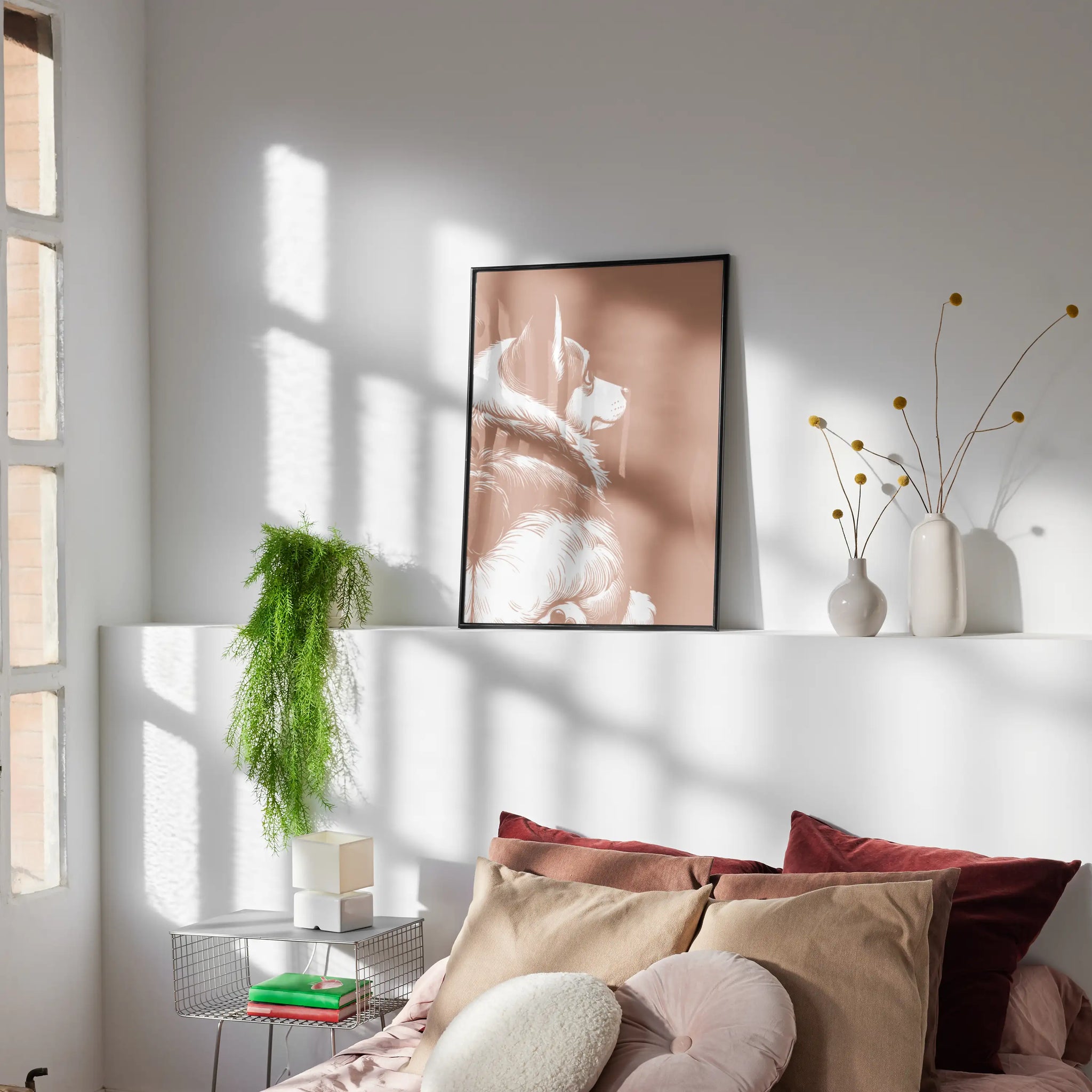 Modern living room with a framed artwork of corgi showing his butt, pillows, and decorative plants.