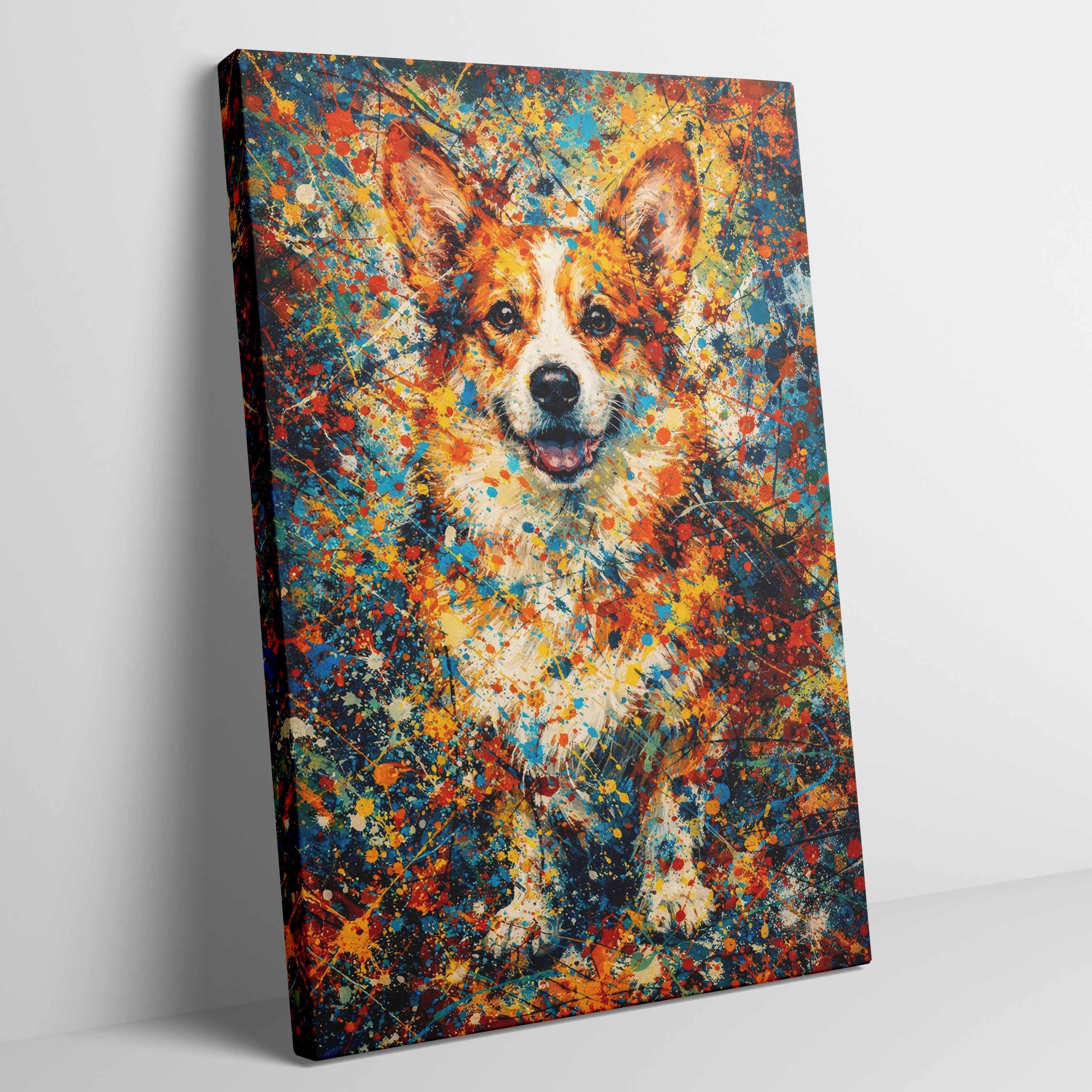 Corgi Pollock-inspired portrait on canvas, 1.25" profile stretched on FSC certified pine frame, abstract expressionist Corgi wall art, Pets + Humans