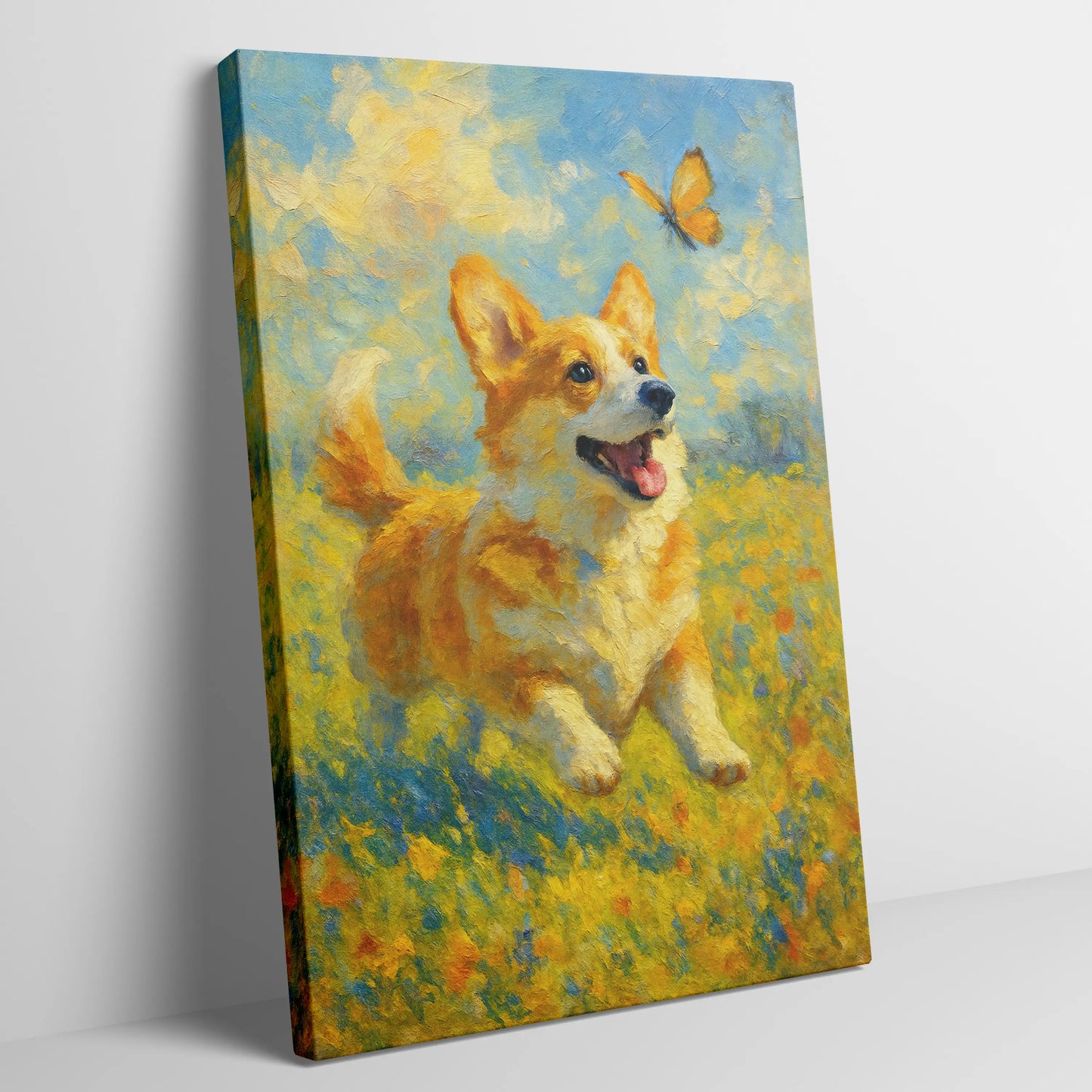 Corgi Impressionist Painting | Playful Corgi Chasing Butterfly
