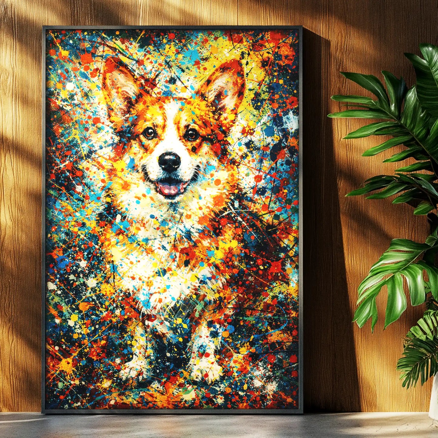 Corgi Pollock-inspired portrait displayed as framed gallery wall art in home interior, abstract expressionist Corgi print, Pets + Humans