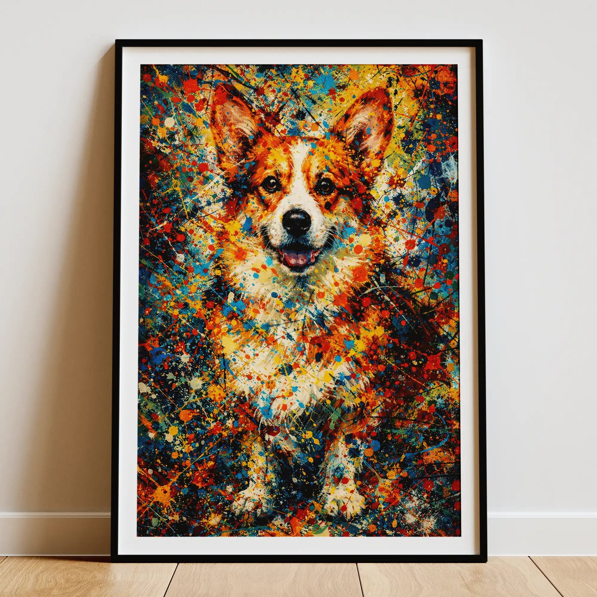Corgi Pollock-inspired portrait, abstract expressionist Corgi art print with drip and pour paint technique, Pets + Humans
