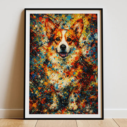 Corgi Pollock-inspired portrait, abstract expressionist Corgi art print with drip and pour paint technique, Pets + Humans