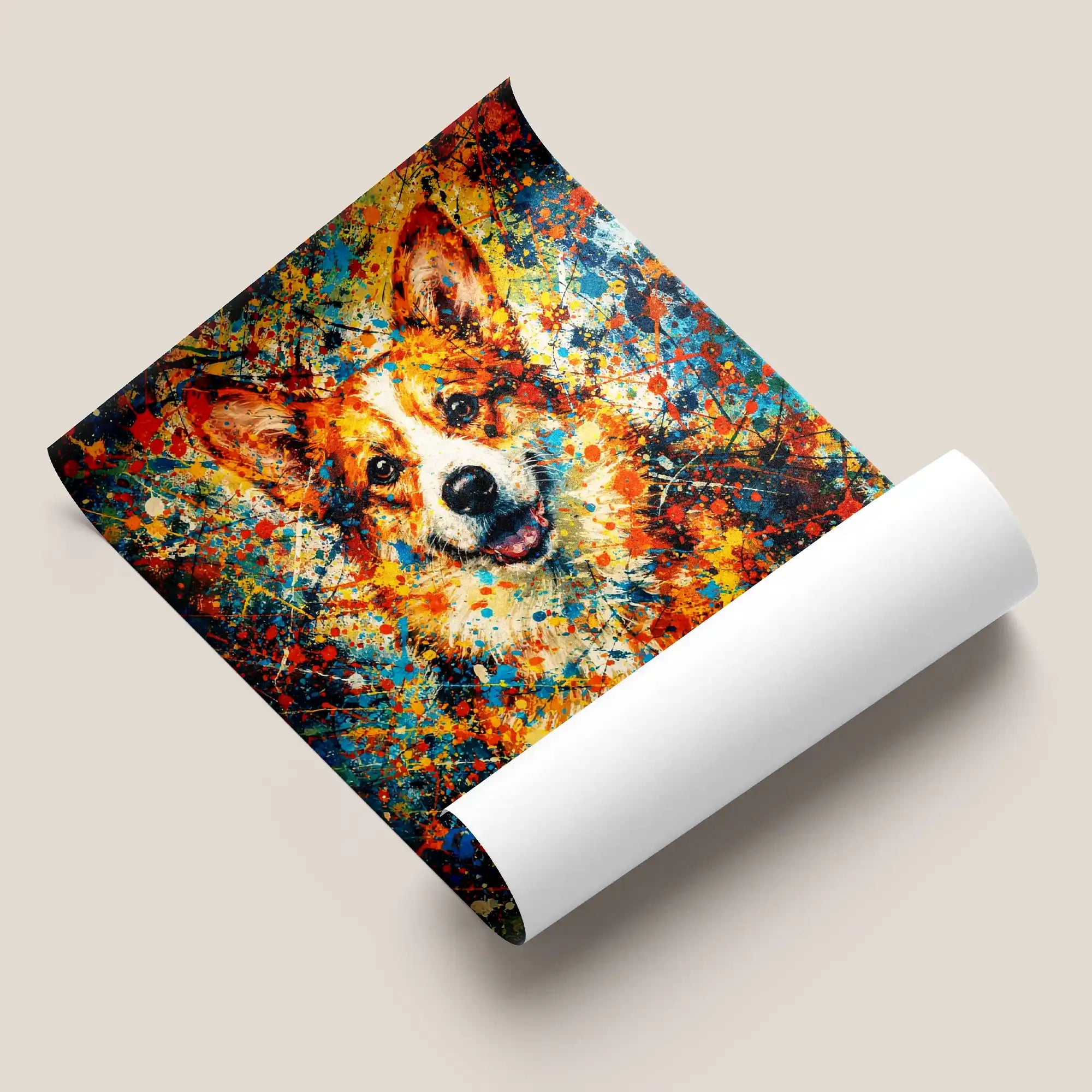 Corgi Pollock-inspired portrait on satin poster, low-glare finish, abstract expressionist Corgi art print by Pets + Humans
