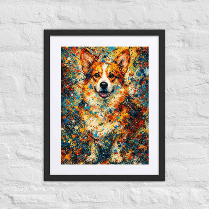 Corgi Pollock-inspired portrait framed print, 310gsm fine-art paper, black pinewood frame with shatterproof plexiglass, Pets + Humans
