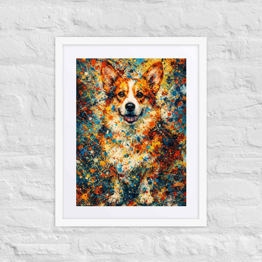 Corgi Pollock-inspired portrait framed print, 310gsm fine-art paper, black pinewood frame with shatterproof plexiglass, Pets + Humans