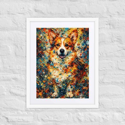 Corgi Pollock-inspired portrait framed print, 310gsm fine-art paper, black pinewood frame with shatterproof plexiglass, Pets + Humans
