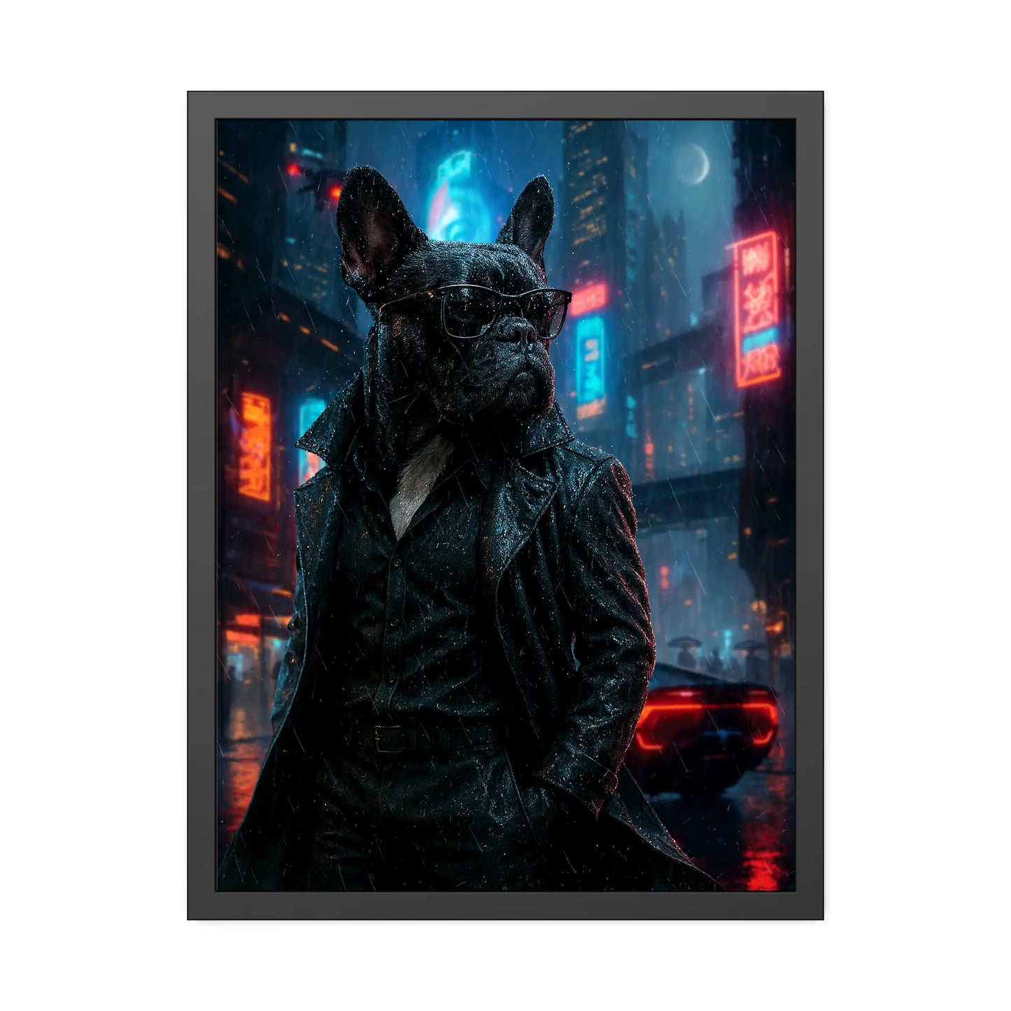 French Bulldog cyberpunk portrait framed print, 310gsm fine-art paper, black pinewood frame, shatterproof plexiglass