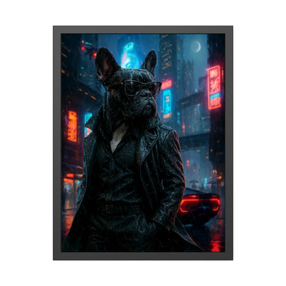 French Bulldog cyberpunk portrait framed print, 310gsm fine-art paper, black pinewood frame, shatterproof plexiglass