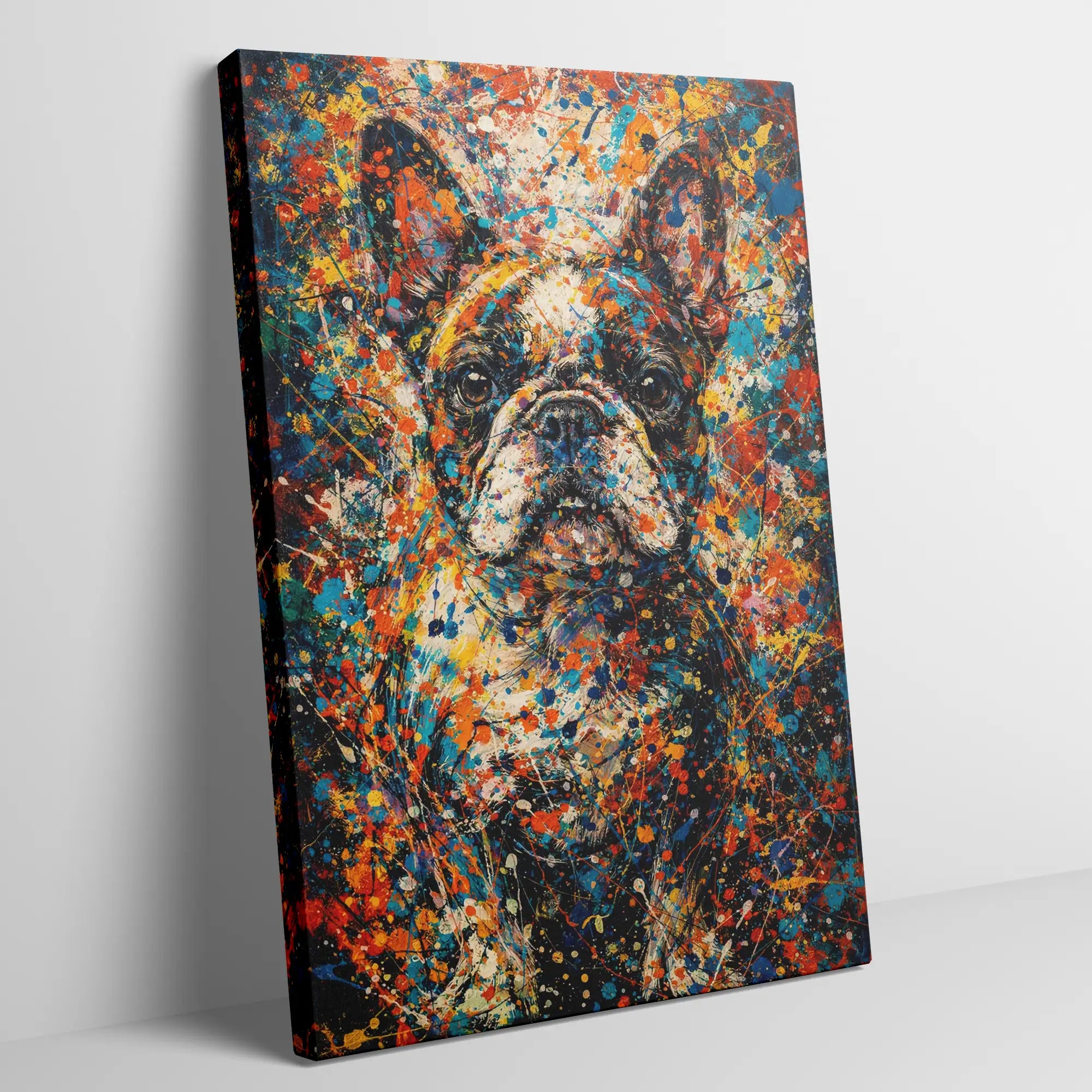 French Bulldog Pollock-inspired portrait on canvas, abstract expressionist Frenchie art print with drip and pour paint technique, Pets + Humans