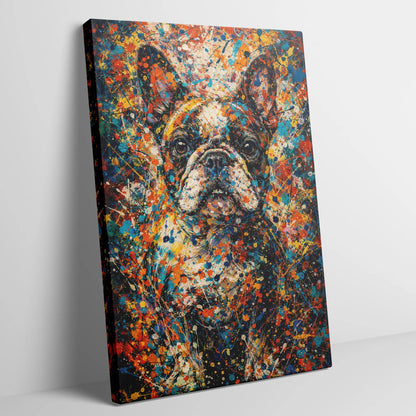 French Bulldog Pollock-inspired portrait on canvas, abstract expressionist Frenchie art print with drip and pour paint technique, Pets + Humans