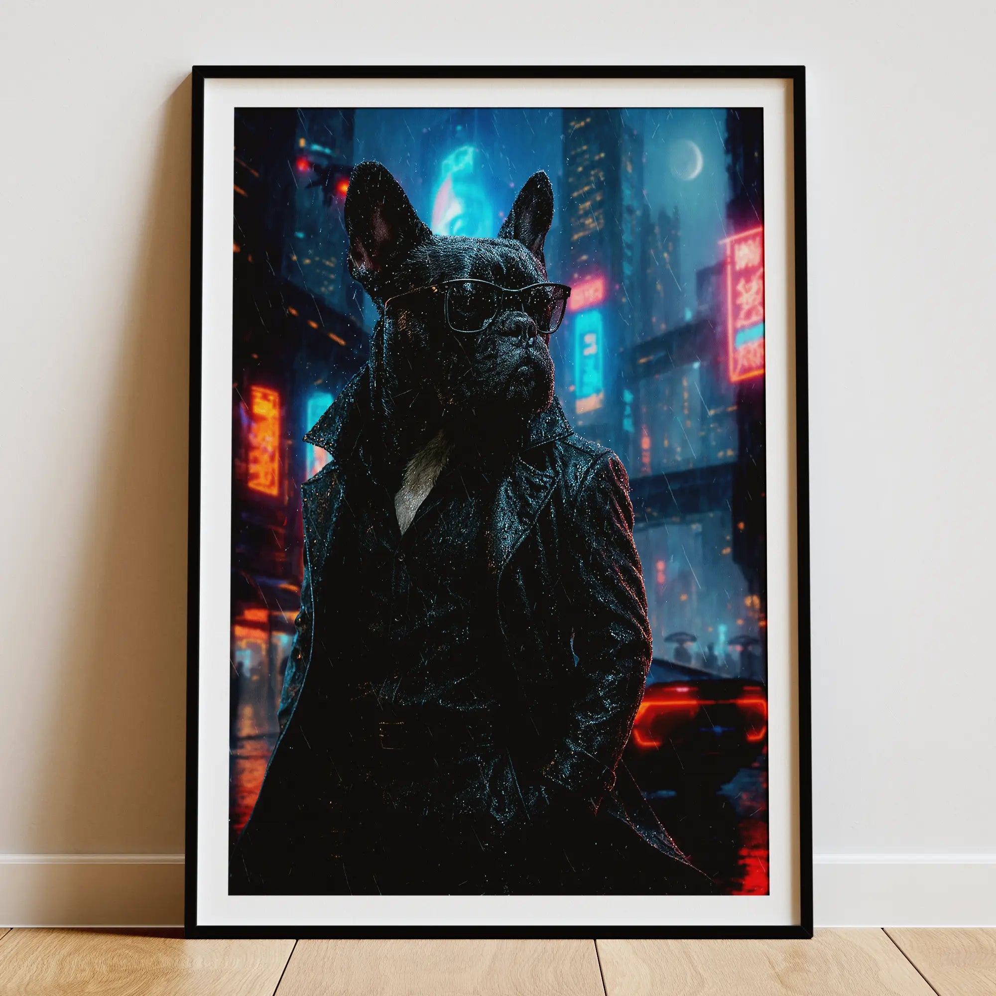 French Bulldog cyberpunk portrait displayed in a home office as framed wall art, Pets + Humans