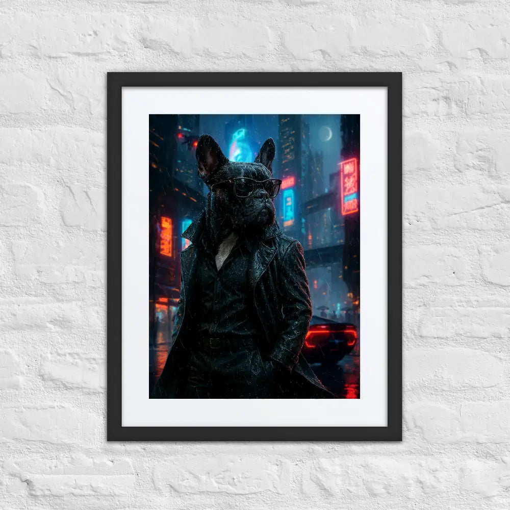 French Bulldog cyberpunk portrait matte framed poster with mat, museum-quality paper, Ayous wood frame, Acrylite protector