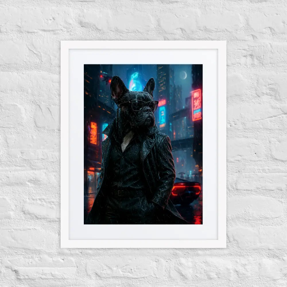 French Bulldog cyberpunk portrait matte framed poster with mat, museum-quality paper, Ayous wood frame, Acrylite protector