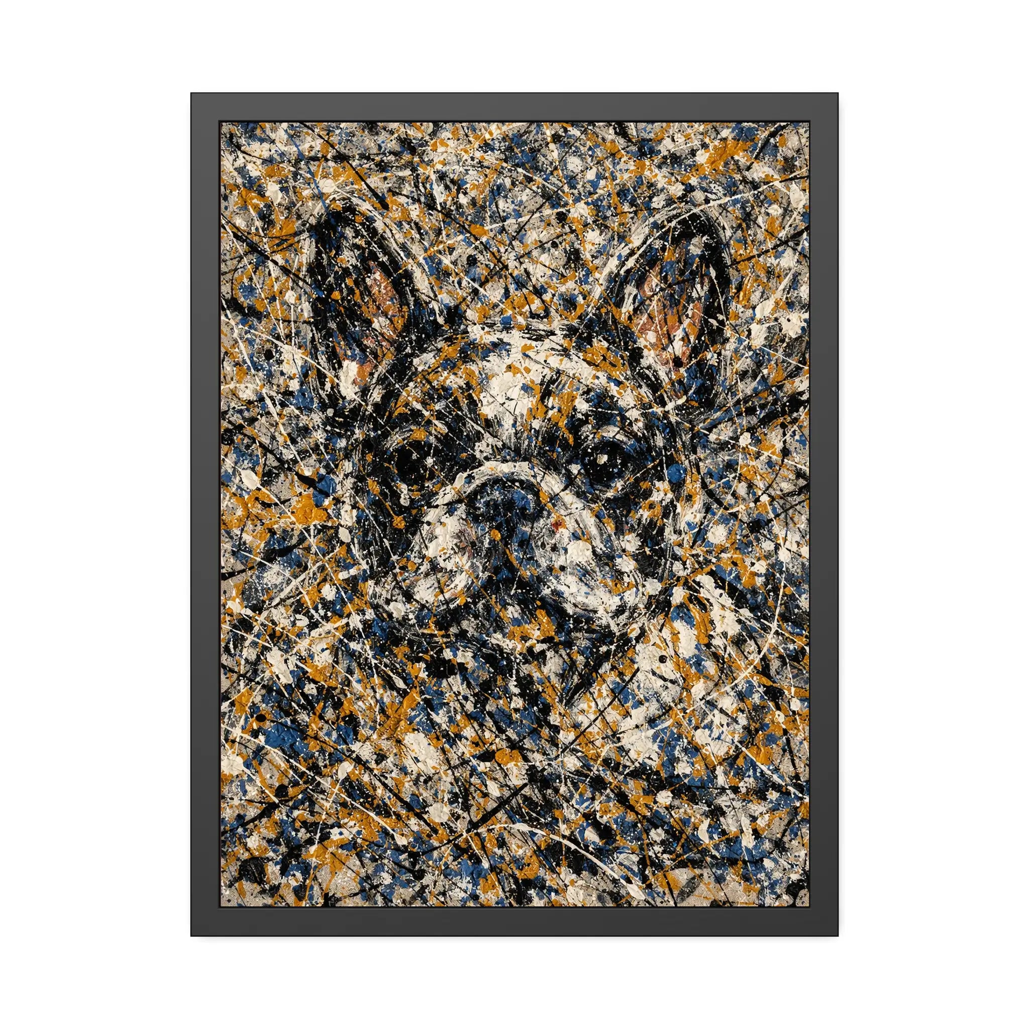 French Bulldog Pollock portrait framed print, 310gsm fine-art paper, black pinewood frame with shatterproof plexiglass, Pets + Humans