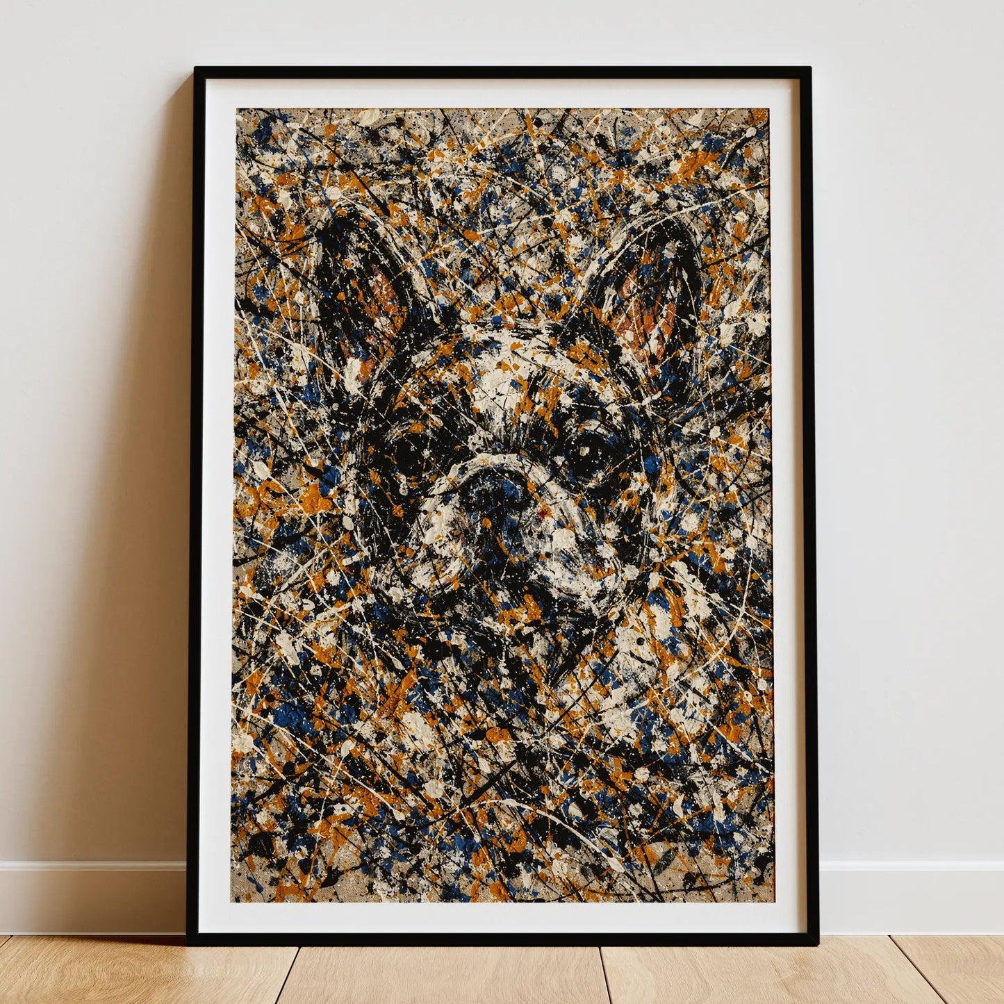 French Bulldog Pollock-inspired portrait displayed as framed gallery wall art in home interior, abstract expressionist Frenchie print, Pets + Humans